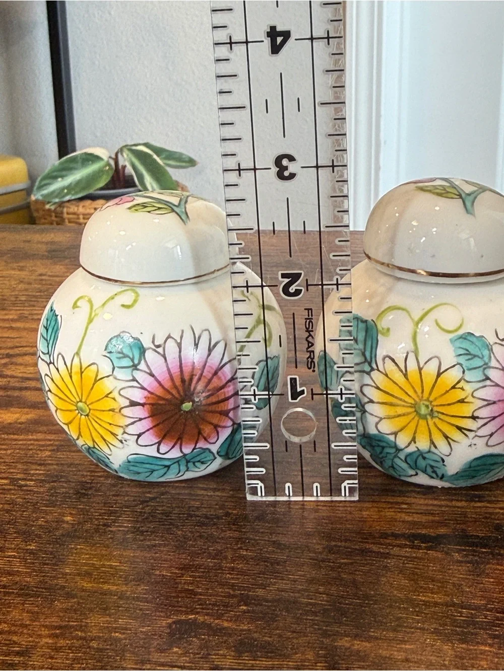 Vintage Hand-Painted Floral Ceramic Mini Ginger Jars with Lids - Pair